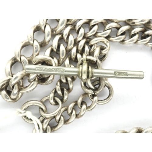 216 - Hallmarked silver single Albert graduated watch chain with plated T-bar, 45g. P&P Group 1 (£14+VAT f... 