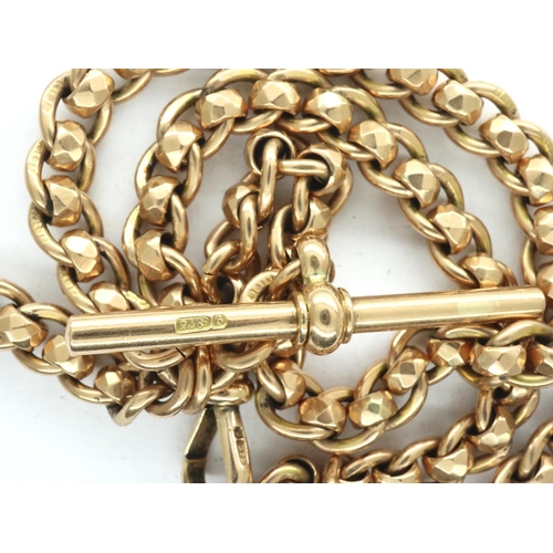 217 - 9ct gold double Albert watch chain with T-bar, 45.9g. Overall L: 40 cm, every alternate link marked ... 