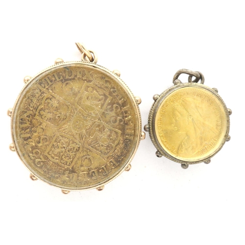 219 - Two fobs: a 9ct gold bound gilt 1723 shilling of George III and a silver bound gilt and enamelled 19... 