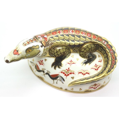 238 - Boxed Royal Crown Derby Crocodile, gold signature edition with gold stopper and certificate, L: 17 c... 