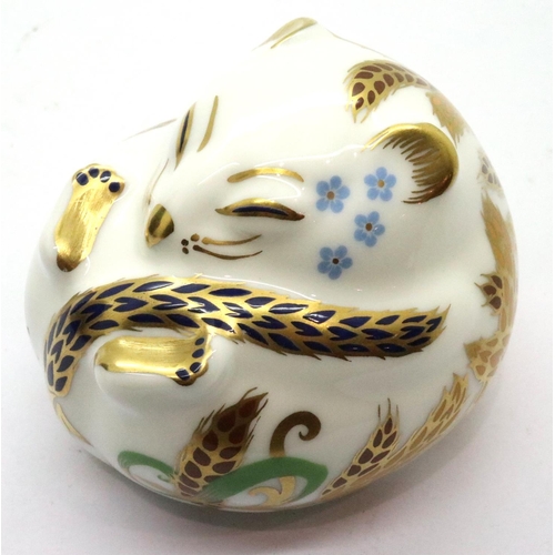 246 - Royal Crown Derby Harvest Mouse, boxed, with gold stopper, L: 70 mm. No cracks, chips or visible res... 