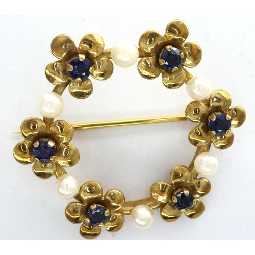 73 - 9ct gold pearl and sapphire brooch, D: 35 mm, 4.5g. P&P Group 1 (£14+VAT for the first lot and £1+VA... 