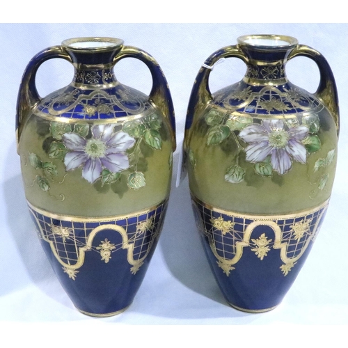 298 - Pair of large twin handled gilt decorated vases, unsigned, H: 28 cm. P&P Group 3 (£25+VAT for the fi... 