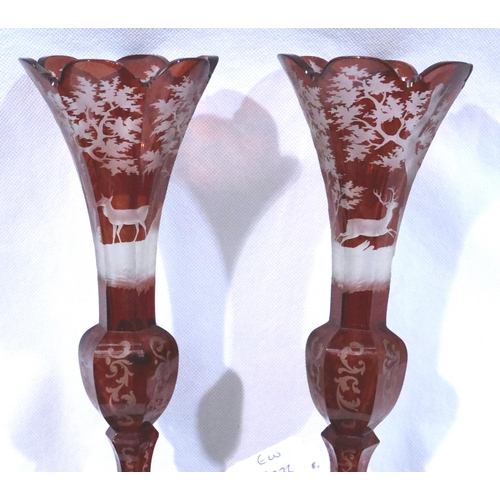 308 - Two red Bohemian glass candlesticks with Bonhams auction label each H: 24 cm. P&P Group 3 (£25+VAT f... 