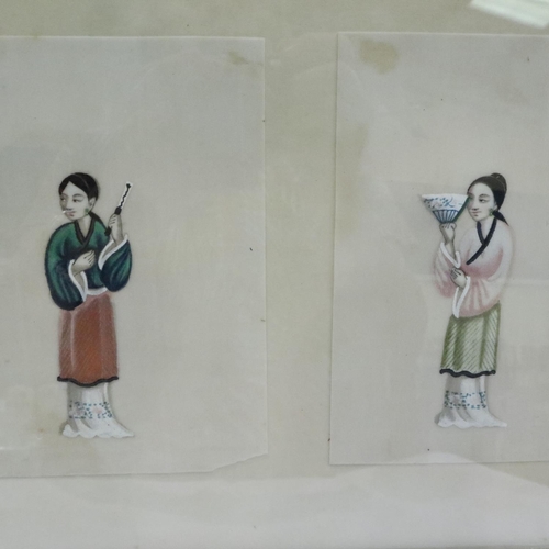 330 - Framed set of Oriental paintings on silk, overall 23 x 82 cm. Not available for in-house P&P