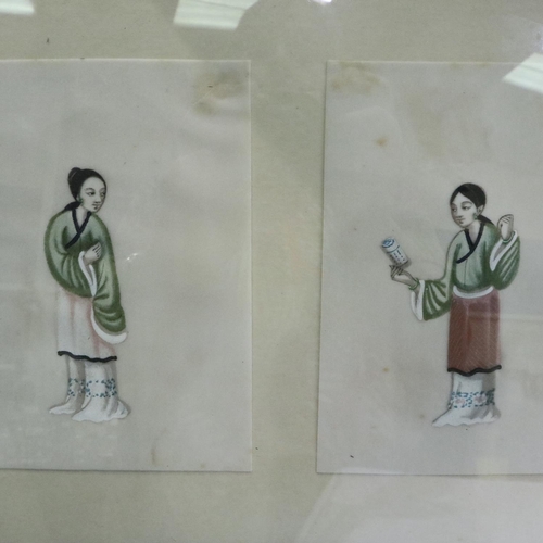 330 - Framed set of Oriental paintings on silk, overall 23 x 82 cm. Not available for in-house P&P