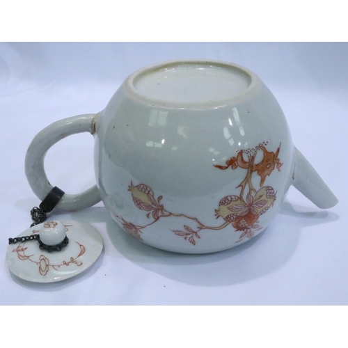 332 - Chinese ceramic teapot painted with pomegranates, H: 11 cm. Seven large chips to lid, handle has bee... 