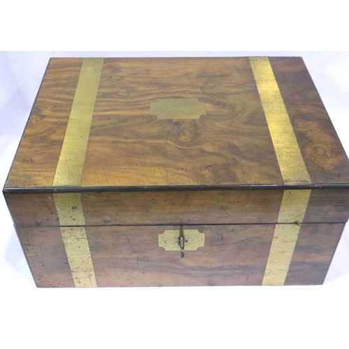 357 - Small brass bound oak Victorian writing slope with original lock and key, 30 x 20 x 12 cm. P&P Group... 