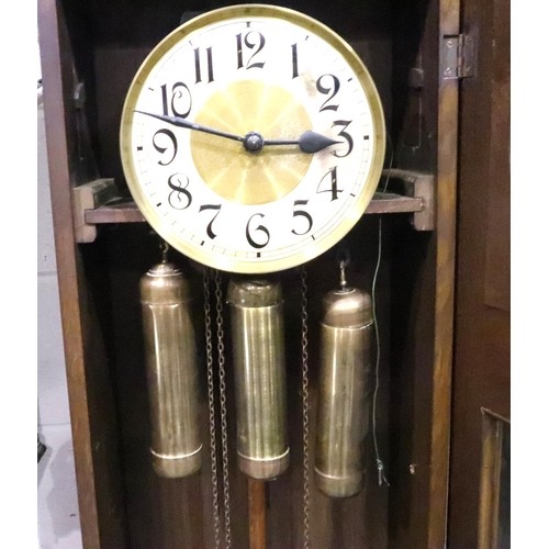 391 - Large early 20th century mahogany cased long case clock with weights, H: 212 cm, not working at lott... 