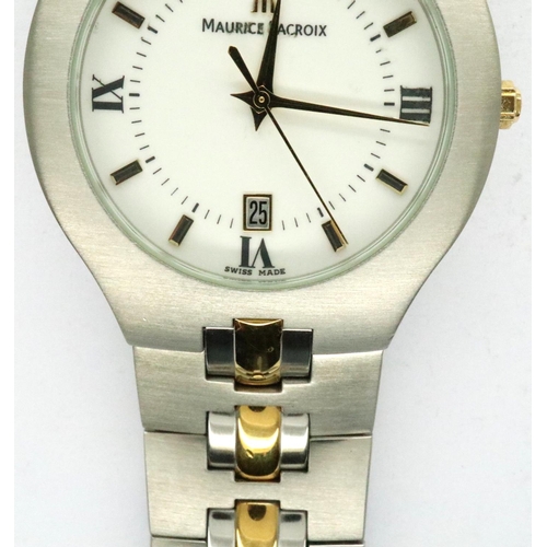 222C - Maurice Lacroix: gents two tone stainless steel and gold quartz dress wristwatch with white dial, go... 