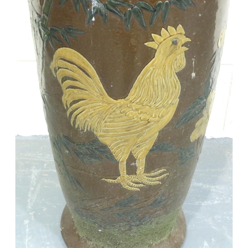 322 - 19th century glazed terracotta floor vase, slip decorated in the Oriental manner with cockerel and f... 