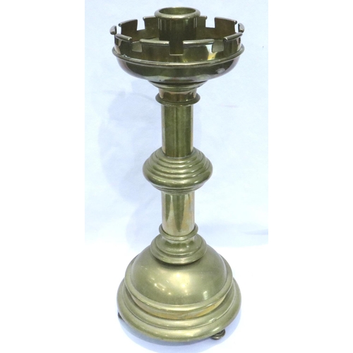 356 - Brass Gothic Pugin type candlestick, H: 50 cm. P&P Group 3 (£25+VAT for the first lot and £5+VAT for... 