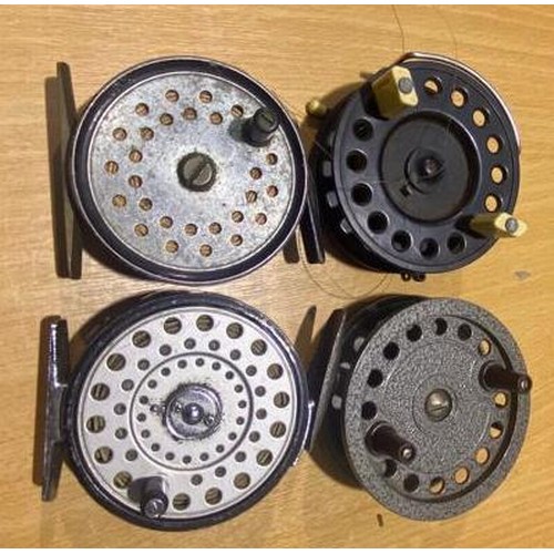 2028A - Three fly reels and a KP Morritts New Popular center pin reel. P&P Group 1 (£14+VAT for the first lo... 