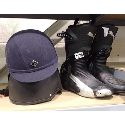 1038 - Puma size 10 leather and metal motorcycle boots, jockey cap and a helmet. Not available for in-house... 