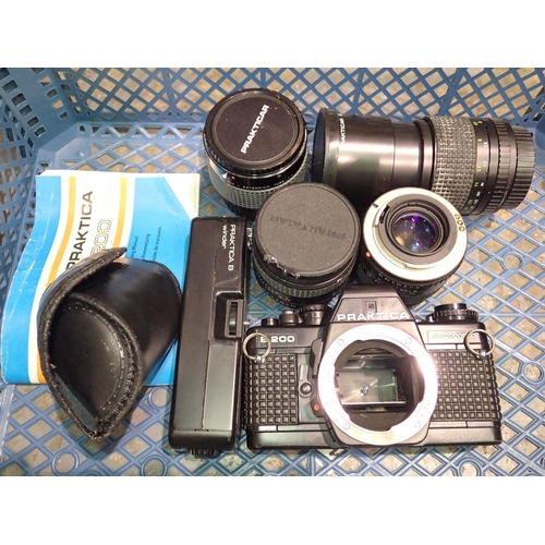 1049 - Praktica B200 camera with lenses and accessories. Not available for in-house P&P