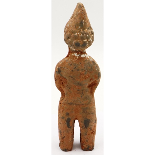 3010 - Han Dynasty grey pottery figure of a standing man with crossed arms, H: 23 cm. Loss to tip of right ... 