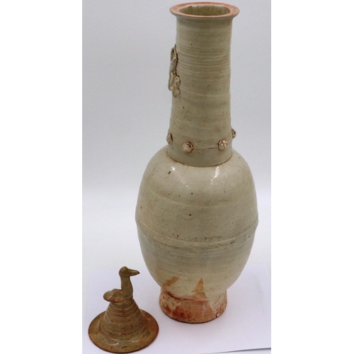 3012 - Song Dynasty period glazed funerary vase with cover, having applied decorations to the neck, overall... 