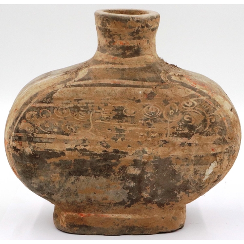 3019 - A Han Dynasty cocoon vase, retaining much of the original design and polychrome decoration, L: 25 cm... 