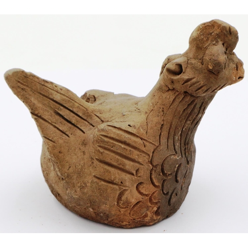 3022 - A Ming Dynasty zoomorphic clay rooster ornament, its features incised and applied, L: 13 cm, H: 11 c... 