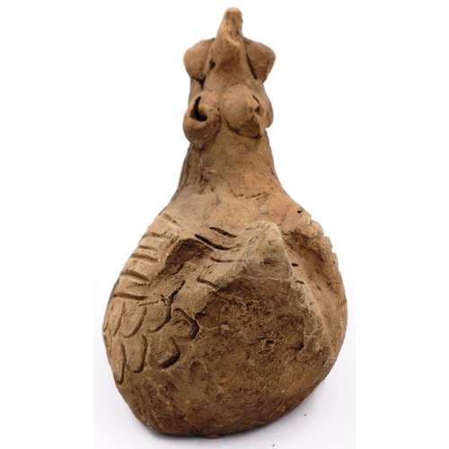 3022 - A Ming Dynasty zoomorphic clay rooster ornament, its features incised and applied, L: 13 cm, H: 11 c... 