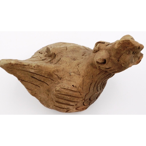 3022 - A Ming Dynasty zoomorphic clay rooster ornament, its features incised and applied, L: 13 cm, H: 11 c... 