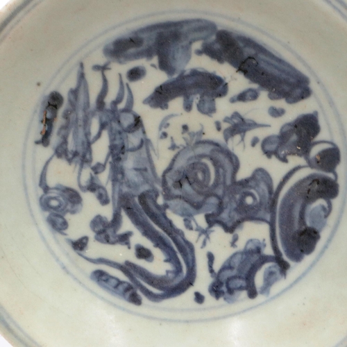 3024 - A Ming Dynasty glazed shallow bowl, with a painted circular panel depicting a dragon amongst clouds,... 