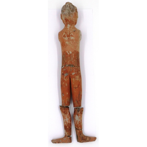 3031 - A Western Han Dynasty Stick Man terracotta figure, the male undressed, lacking its wooden arms and r... 