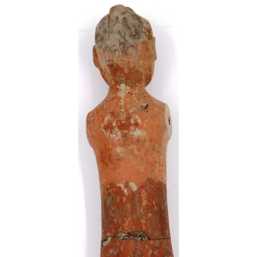 3031 - A Western Han Dynasty Stick Man terracotta figure, the male undressed, lacking its wooden arms and r... 