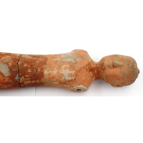 3031 - A Western Han Dynasty Stick Man terracotta figure, the male undressed, lacking its wooden arms and r... 