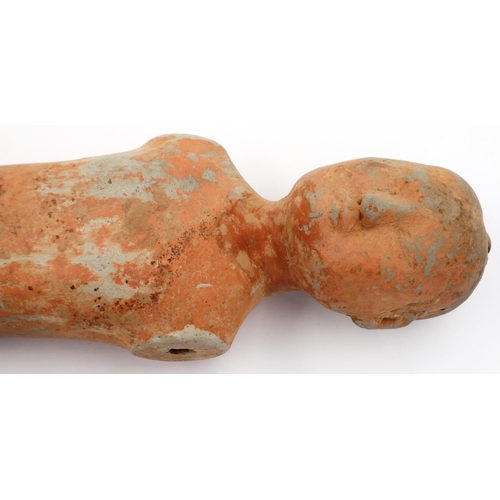 3031 - A Western Han Dynasty Stick Man terracotta figure, the male undressed, lacking its wooden arms and r... 