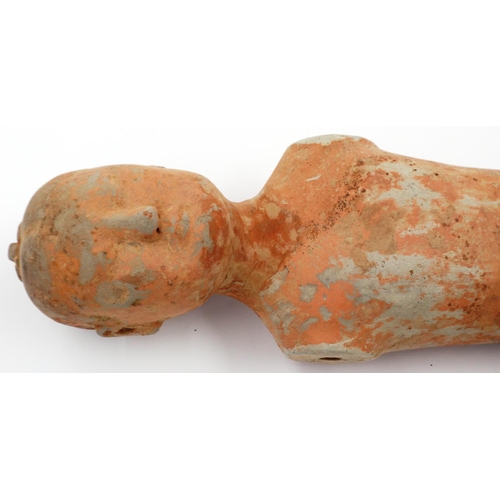 3031 - A Western Han Dynasty Stick Man terracotta figure, the male undressed, lacking its wooden arms and r... 