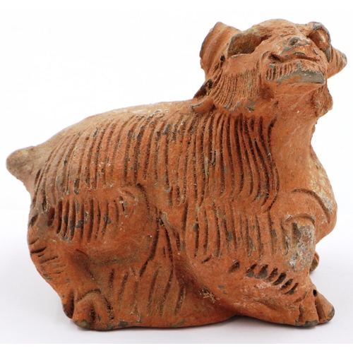 3037 - A Ming Dynasty zoomorphic terracotta ram ornament, hollow formed with incised detail, L: 12 cm, H: 1... 