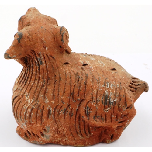 3037 - A Ming Dynasty zoomorphic terracotta ram ornament, hollow formed with incised detail, L: 12 cm, H: 1... 