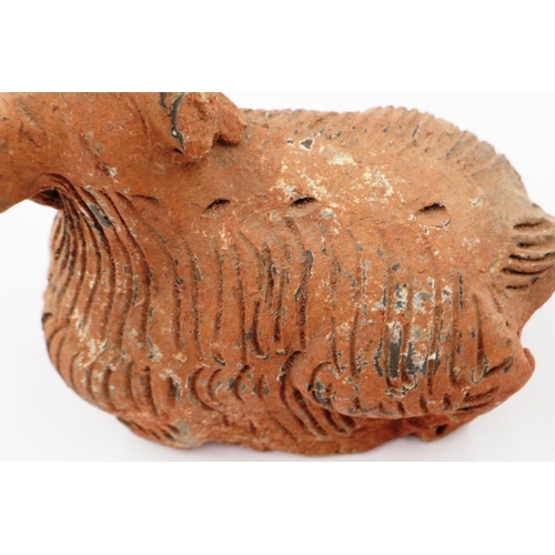 3037 - A Ming Dynasty zoomorphic terracotta ram ornament, hollow formed with incised detail, L: 12 cm, H: 1... 