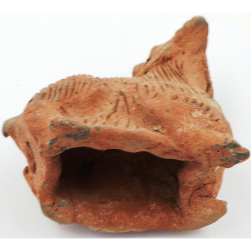 3037 - A Ming Dynasty zoomorphic terracotta ram ornament, hollow formed with incised detail, L: 12 cm, H: 1... 