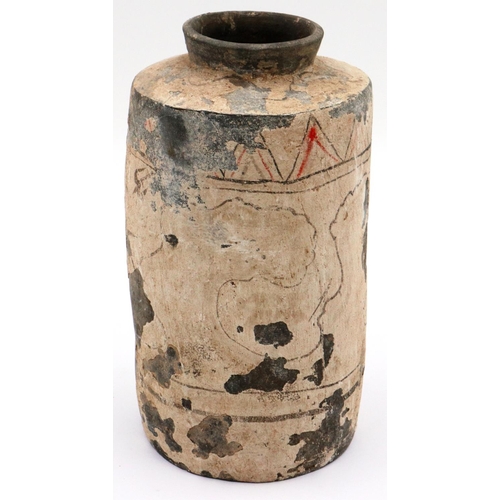 3038 - A Han Dynasty cylindrical clay brush jar, with remnants of polychrome decoration, H: 22 cm. Losses t... 