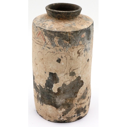 3038 - A Han Dynasty cylindrical clay brush jar, with remnants of polychrome decoration, H: 22 cm. Losses t... 