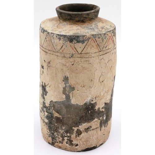 3038 - A Han Dynasty cylindrical clay brush jar, with remnants of polychrome decoration, H: 22 cm. Losses t... 