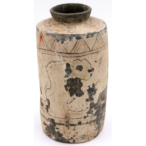 3038 - A Han Dynasty cylindrical clay brush jar, with remnants of polychrome decoration, H: 22 cm. Losses t... 