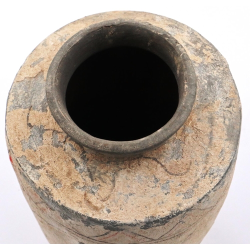 3038 - A Han Dynasty cylindrical clay brush jar, with remnants of polychrome decoration, H: 22 cm. Losses t... 