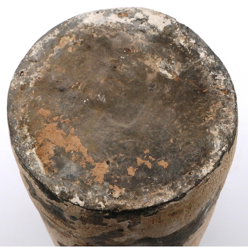 3038 - A Han Dynasty cylindrical clay brush jar, with remnants of polychrome decoration, H: 22 cm. Losses t... 