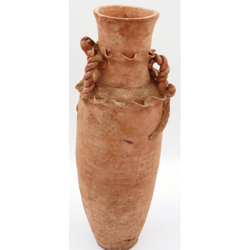 3044 - Han Dynasty terracotta funerary urn, having applied dragon details to the neck, H: 47 cm. 

Not avai... 