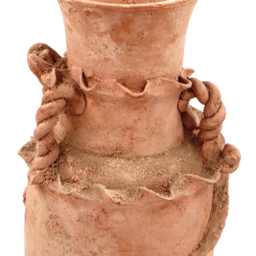 3044 - Han Dynasty terracotta funerary urn, having applied dragon details to the neck, H: 47 cm. 

Not avai... 