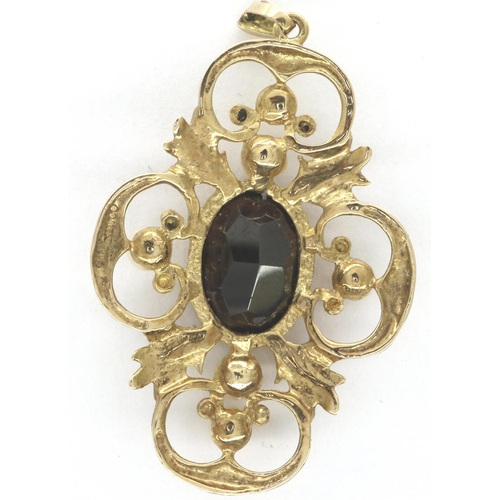 37 - 9ct gold garnet and pearl pendant, L: 40 mm, 6.9g. P&P Group 1 (£14+VAT for the first lot and £1+VAT... 