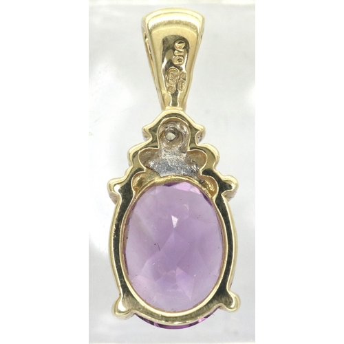 49 - 9ct gold amethyst and diamond set pendant, H: 19 mm, 2.0g. P&P Group 1 (£14+VAT for the first lot an... 