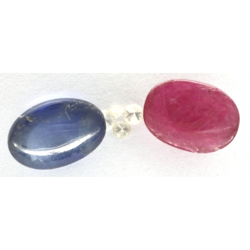 104 - Loose stones: cabochon cut ruby and sapphire, each over 1ct and four small diamonds. P&P Group 1 (£1... 