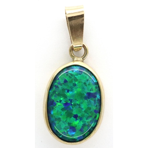 54 - Modern 9ct gold synthetic opal pendant, H: 30 mm, 3.2g. P&P Group 1 (£14+VAT for the first lot and £... 