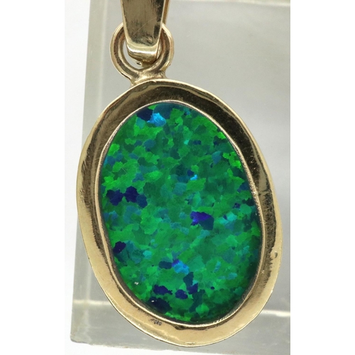 54 - Modern 9ct gold synthetic opal pendant, H: 30 mm, 3.2g. P&P Group 1 (£14+VAT for the first lot and £... 