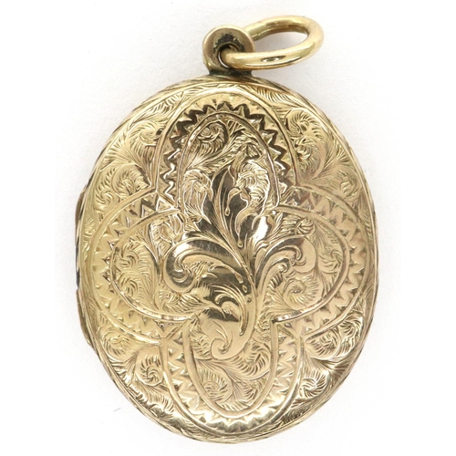 57 - Presumed (unmarked) 9ct gold locket with floral chased detail, with jump ring, lacking one glass, 5.... 