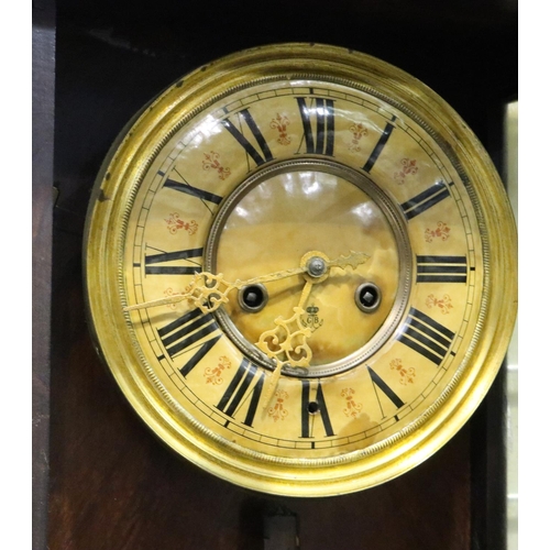 410 - Walnut cased chiming Vienna wall clock, H: 90 cm, not working at lotting. Not available for in-house... 